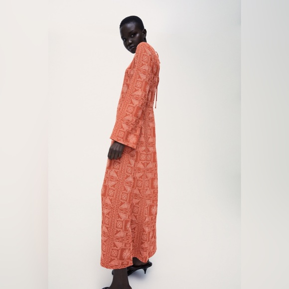 Zara Long Tangerine Orange Embroidered Print Maxi Dress - Picture 4 of 11